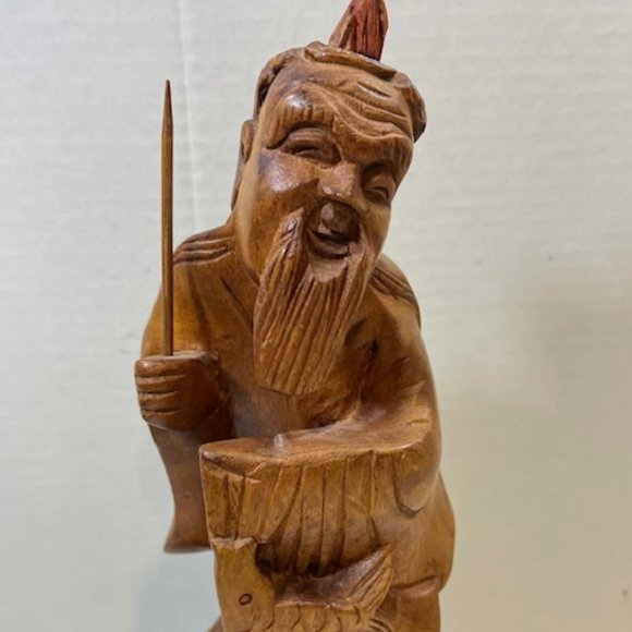 VTG Hand Carved Wood Fisherman Sculpture 12" Tall - Picture 11 of 13